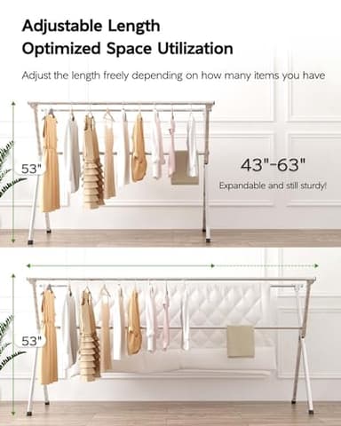 Vikaqi Clothes Drying Rack 63 Inches Folding Indoor Outdoor, Drying Rack Clothing Collapsible, Foldable Portable Laundry Drying Rack, Heavy Duty Laundry Hanger Dryer Rack, with 20 Hooks 12 Clips - Image 3