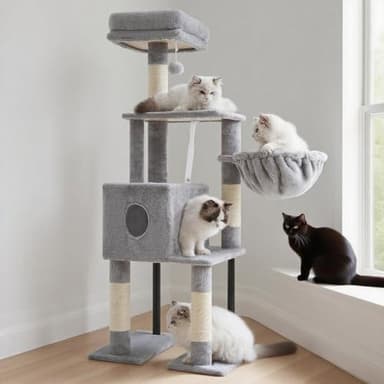 Heybly Cat Tree, 49.2 Inches Cat Tower for Indoor Cats, Spacious Cat House Condo with Hidden Space,Sturdy Steel Tube,Soft Plush Top Perch,Cozy Hammock and Sisal Scratching Posts, Light Gray HCT200SW - Image 1