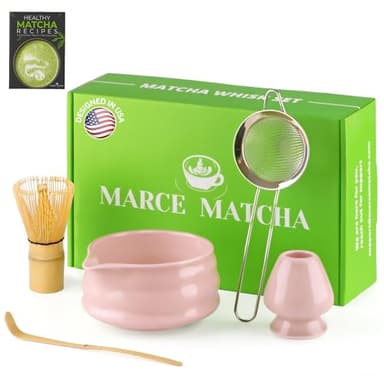 Marce Matcha Whisk Set- Matcha Set includes Matcha Whisk and Bowl with Spout, Sifter, Holder and Scoop- The Perfect Bamboo Whisk for Matcha Tea (Pink) - Image 1