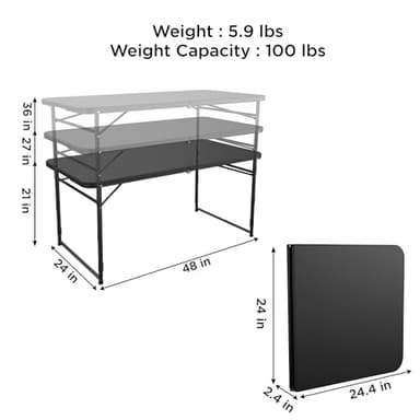 COSCO 4 ft. Fold-in-Half Adjustable Height Indoor/Outdoor Utility Table, Black - Image 3