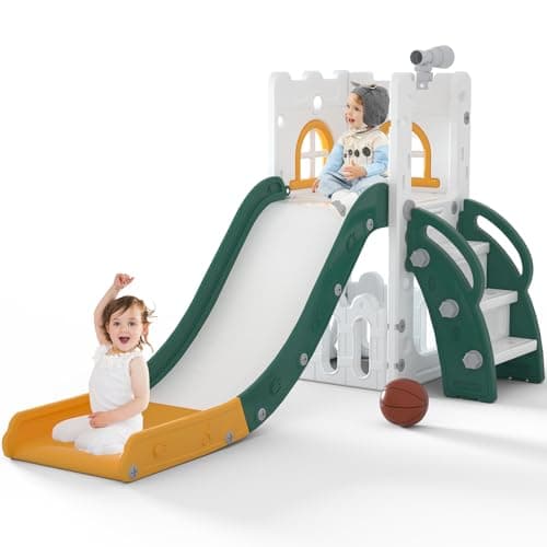 MOCUTEEN 6 in 1 Toddler Slide,Baby Playset for Indoor Outdoor Playground with Basketball Hoop,Storage and Telescope,Climbing Toys for Toddler Playground Playset - Image 1