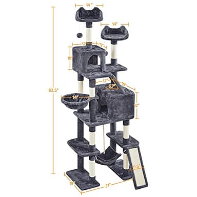 Yaheetech Cat Tree, 82.5in Large Tower w/Hammock, 2 Kitty-Ear Perches, 2 Cozy Condos, Scratching Posts, Basket, Furniture for Large Cats, Kittens, Dark Gray - Image 4