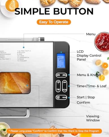 EUHOMY Bread Maker Machine 13 Program 2LB Bread Maker, Bread Machine with 3 Loaf Sizes and 3 Crust Colors, Breadmaker with Fruit & Nut Dispenser,Ideal for Family Gifts, Gluten Free - Image 4