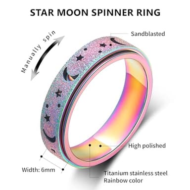 LuckyAmor Anxiety Ring for Women Spinner Rings:Rotating Rings Stainless Steel 6mm Moon Star Anxiety for Men Band Jewelry Gift for Women Size 6 7 8 9 10 - Image 2