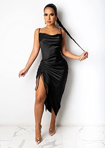 WUSENST Women's Spaghetti Strap Satin Dress Sexy Backless Drawstring Ruched Split Hem Cocktail Evening Party - Image 2