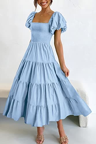 PRETTYGARDEN Women's Casual Summer Midi Dress Puffy Short Sleeve Square Neck Smocked Tiered Ruffle Dresses (Light Blue,Large) - Image 2