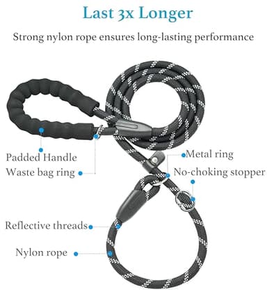 iYoShop Durable Slip Lead Dog Leash with Padded Handle and Highly Reflective Threads, No Pull Dog Training Leash, (1/2" x 6 FT, Black) - Image 2