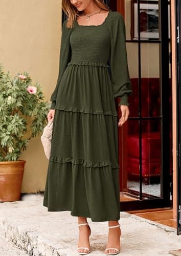 PRETTYGARDEN Fall Dresses for Women 2025 Long Sleeve Smocked Square Neck Swiss Dot Tiered Flowy Wedding Guest Maxi Dress (Army Green,Large) - Image 5