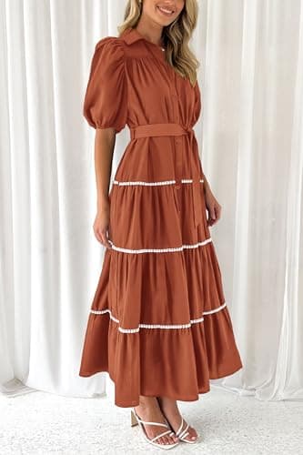 PRETTYGARDEN Women's Summer Button Down Shirt Dress Short Puffy Sleeve Tiered Ruffle Flowy Long Maxi Dresses (Rust Red,Large) - Image 6