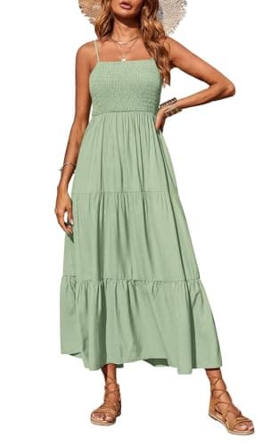 PRETTYGARDEN Summer Dresses for Women 2025 Spaghetti Strap Floral Maxi Dress Sleeveless Smocked Tiered Long Beach Sundress (Bean Green,M) - Image 1