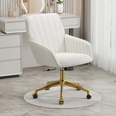 YISHENG Velvet Home Office Chair with Gold Base Upholstered Tufted Modern Height Adjustable 360 Degree Swivel Desk Chair with Wheels, Vanity Chairs for Living Room, Bedroom,Study Room (Cream) - Image 4
