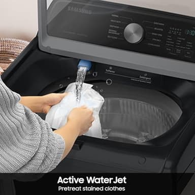 Samsung Smart 4.7 Cu Ft Top Load Washer & 7.4 Cu Ft Electric Dryer, Sensor Stops Overdrying, Low Vibration Quiet Wash, WaterJet w/Power Cords, Hoses, Vent Duct, 1 Year CPS Protection Bundle (Black) - Image 3