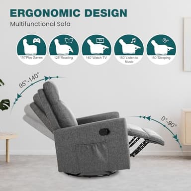 SMUG Swivel Rocking Recliner Chair with Extra Large Footrest High Back, Upholstered Glider Nursery Chair for Living Room, Bedroom & Nursery, Comfortable Deep Seat for Relaxation, Grey - Image 4