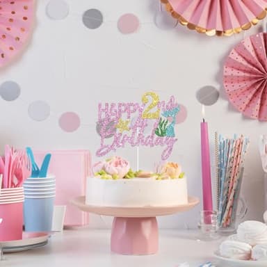 YHEZXUN Mermaid Happy 2nd Birthday Cake Topper, Pink Glitter Mermaid Two Cake Decoration Ocean Theme for Girl 2 Years Old Birthday Party Cake Decor - Image 5