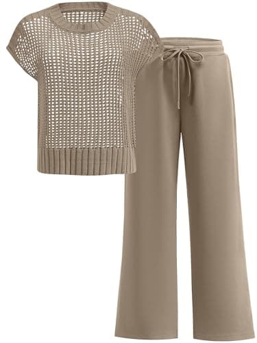 ANRABESS Women Two Piece Outfits Crochet Sheer Knit Sweater Top Wide Leg Pants Lounge Matching Sets Sweatsuit Travel Clothes Light Brown Large - Image 1