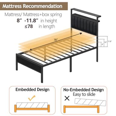 Furnulem Twin Size Bed Frame with Charging Station and LED Lights, Platform Bed with Metal Slats, Grey Upholstered Headboard with 2-Tier Storage Shelves, No Box Spring Needed - Image 9