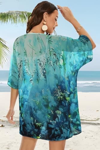 Kimonos for Women Beach Cover Ups Hawaiian Shirts Floral Cardigan Casual Summer Tops (Blue Greenish Forest,L) - Image 6
