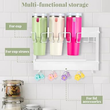 CINPIUK Water Bottle Organizer Holder, Magnetic Mug Hook Storage for Stanley & Large Tumbler, Space Saving Wall Mount Mug Organizer with 5 Hook, Easy to Install, White - Image 5