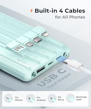 JOYFAR Portable-Charger-Power-Bank Travel Essentials Battery Pack USB C 10000mAh Built in Cable 22.5W Phone Fast Charging Powerbank Compatible with iPhone 16 15 14 13 12 11 iPad Samsung Google (Green) - Image 2
