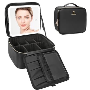 Relavel Travel Makeup Bag With LED Mirror, Cosmetic Train Case with Light up Mirror, Portable Makeup Artist Organizer Bag with Adjustable Dividers, Makeup Brush Holder Storage, Black - Image 8