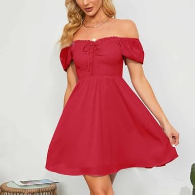 Byinns Women's Sweetheart Neckline Dress Smocked Sundress Puff Short Sleeve Drawstring Dresses Red - Image 5