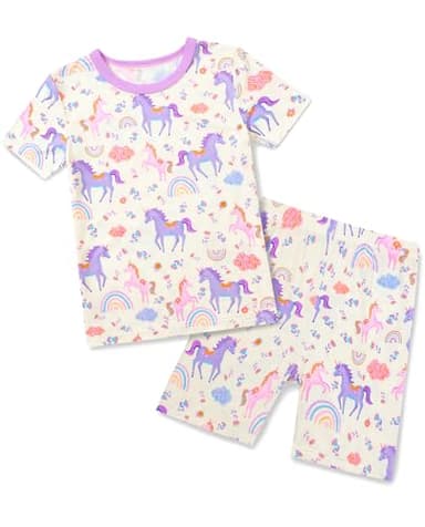 babee Reshinee Bamboo Viscose Toddler Unicorn Girls Kids Pajamas Short Sleeve Summer Cool Snug fit Pjs 3-4Y 2pcs - Image 1