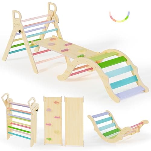BlueWood Pikler Triangle Set, Toddler Wooden Climbing Toys Indoor 7in1 Foldable Climber for Kids, Montessori Philosophy Play Jungle Gym with Arch, Ramp, Ladder (Colorful Spring) - Image 1