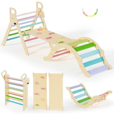 BlueWood Pikler Triangle Set, Toddler Wooden Climbing Toys Indoor 7in1 Foldable Climber for Kids, Montessori Philosophy Play Jungle Gym with Arch, Ramp, Ladder (Colorful Spring) - Image 1