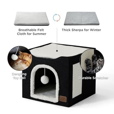 Bedsure Cat Beds for Indoor Cats - Large Cat Cave for Pet Cat House with Fluffy Ball Hanging and Scratch Pad, Foldable Cat Hideaway, 16.5x16.5x13 inches, Black - Image 2