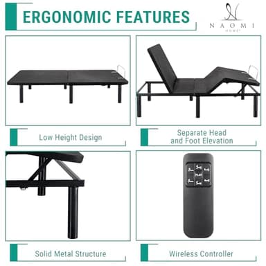 Naomi Home Serenity Full Adjustable Bed Base, Zero Gravity, Wireless Remote, USB Ports, 800 lb Capacity, Black Metal Frame, Easy Assembly for Enhanced Comfort and Relaxation - Image 3