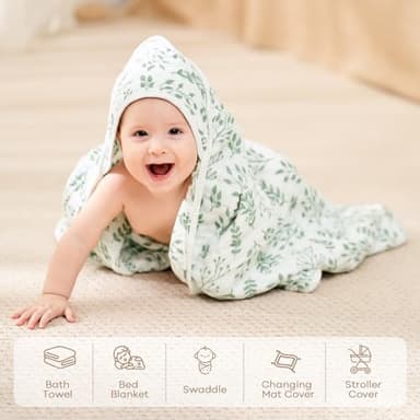 FIEMOL Baby Bath Towels, 100% Muslin Cotton Hooded Baby Towels for Newborn, Infant and Toddler, 2 Pack Soft and Absorbent Unisex Bath Essentials with Large 32x32Inch Size - Image 5