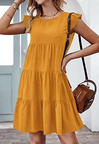 KIRUNDO Women's Casual Dresses 2025 Summer Sleeveless Ruffle Sleeve Round Neck Loose Short Flowy Tiered Pleated Mini Dress (Dark Yellow, X-Large) - Image 3