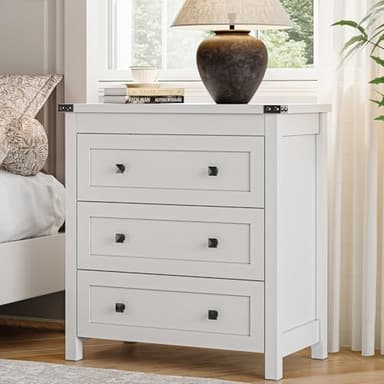 Dresser for Bedroom with 3 Drawers, Small Chests of Drawers, 27.55" Wide Farmhouse Wood Nightstand Bedside Cabinet End Table, Modern Closet Storage Organizer for Living Room, Entryway, Hallway, White - Image 1