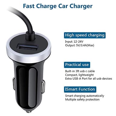USB C Car Charger, 3.4A Fast Charging Car Adapter+3ft Type C Cable for Samsung Galaxy S25 S24 S23 S22 S21 S20 S10 Note 20 A10E A20 A50 A51 A71,LG Stylo 6/5/4 G7 V60 ThinQ Moto G8 G7 Google Pixel 4 3a - Image 3