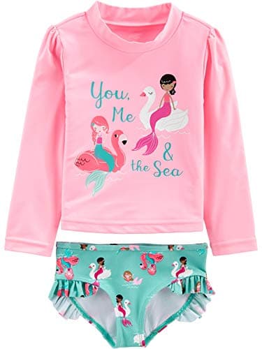 Simple Joys by Carter's Girls' 2-Piece Assorted Rashguard Sets, Aqua Green Swan/Pink Mermaid, 24 Months - Image 1