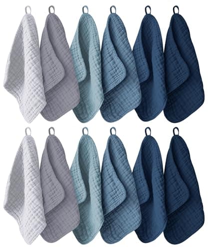 Ease Cubs 12 Pack Muslin Washcloths for Baby - 100% Cotton Baby Wash Cloths for or Baby Face Body Comfy and Soft for Newborn Infants Kids Girls and Boys - 12"x12" - Slate, Grey and Navy Series - Image 1