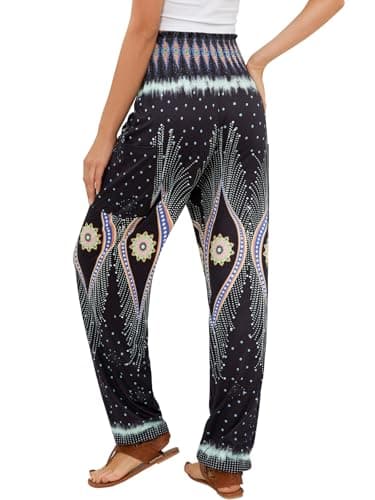 QIANXIZHAN Women's Harem Pants, High Waist Yoga Boho Trousers with Pockets Peacock Black XL - Image 2
