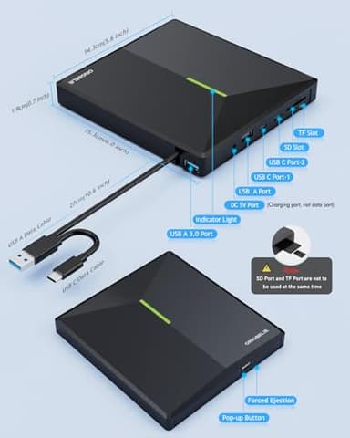 ORIGBELIE External CD DVD Drive with 4 USB Ports and 2 TF/SD Card Slots, USB 3.0 Portable CD/DVD Disk Drive Player Burner Reader Writer for Laptop MacBook Desktop PC Windows 11/10/8/7 Linux Mac OS - Image 7