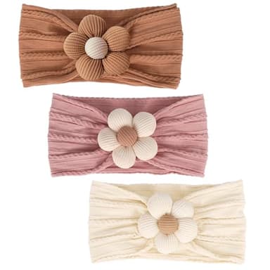 MIUXUESO 3 Pcs Baby Flower Headbands Baby Girls Nylon Headband Soft Hairbands Hair Accessories for Newborn Infant Toddler Kids (Yellow,Pink,Brown) - Image 1