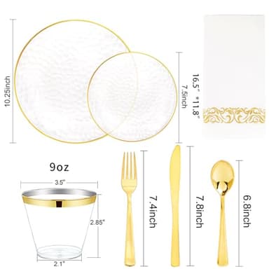 Rubtlamp 350 Pcs Clear Gold Plastic Plates, Hammered Disposable Dinnerware, Clear-Gold Plates Set Include 100 Plastic Platos, 150 Gold Disposable Silverware, 50 Cups And 50 Napkins for Party - Image 6