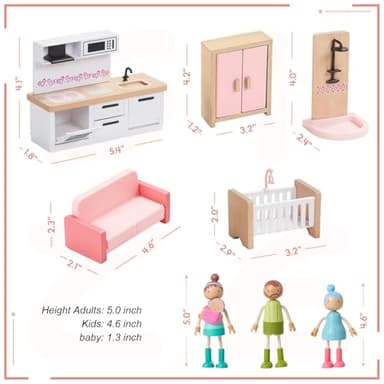 Giant bean 36pcs Wooden Dollhouse Furniture Set with Dolls for 5 Rooms, Wood & Plastic Pink Dollhouse Accessories Pretend Play Furniture Toy Christmas Birthday Gift Toy for Kids Boys Girls Toddler 3+ - Image 7