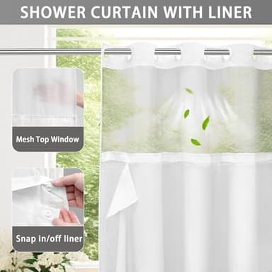 YellyHommy No Hook Shower Curtain with Snap in Fabric Liner Set Less Time White Waffle Shower Curtain for Bathroom 75" L x 72" W - Image 3