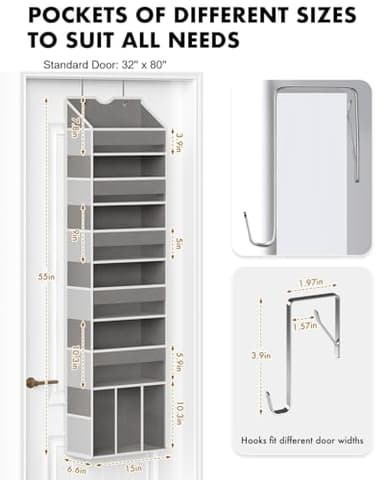 GGUO Over The Door Organizer Hanging - 6 Shelf Over Door Organizers with 6 Clear Front & 12 Side Pockets - Swing-proof 50LB Load Behind Door Storage for Closet Bedroom Bathroom Nursery Baby Essentials - Image 2