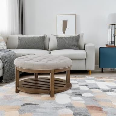 24KF Large Round Upholstered Tufted Linen Ottoman Coffee Table, Large Footrest Ottoman with Wood Shelf Storage-Iinen - Image 6