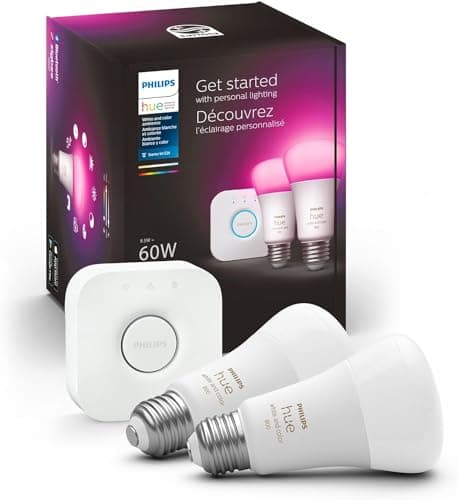 Philips Hue Smart Light Bulbs Starter Kit, Includes (1) Bridge, (2) 60W A19 Bulbs, White and Color Ambiance LED Color Changing Lights, 800LM, E26, Control with App or Voice Assistant - Image 1