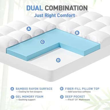 Dual Layer 3 Inch Memory Foam Mattress Topper Queen Size, 2 Inch Cooling Gel Memory Foam Plus 1 Inch Pillow Top Mattress Pad Cover, with 8-21 Inch Deep Pocket - Image 2