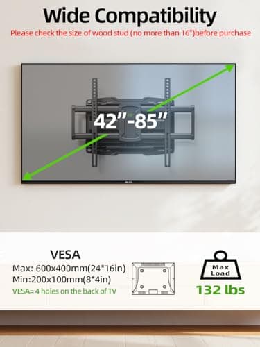USX Mount Full Motion TV Wall Mount for 42-85 inch, TV Mount Swivel and Tilt,Wall Mount Bracket with Dual Articulating Arms Up to 132lbs, VESA 600x400mm, Max 16" Wood Studs, UL Listed XML019 - Image 3