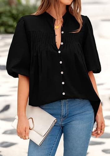 PRETTYGARDEN Women's 2025 Summer Short Lantern Sleeve Tops Loose Fit Button Down Shirt Pleated V Neck Blouses Trendy Clothes (Black,X-Large) - Image 6