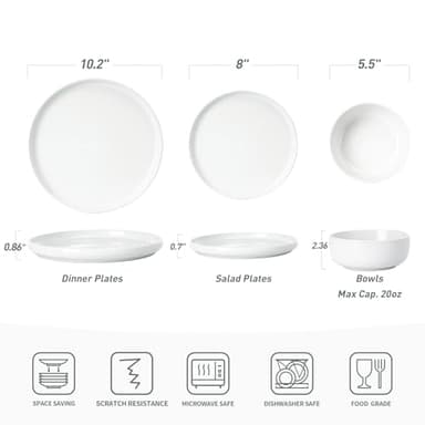 Famiware Dawn Plates and Bowls Sets, 12 Pieces Stoneware Dinnerware Sets, Dishes Set for 4, Microwave and Dishwasher Safe, White - Image 2