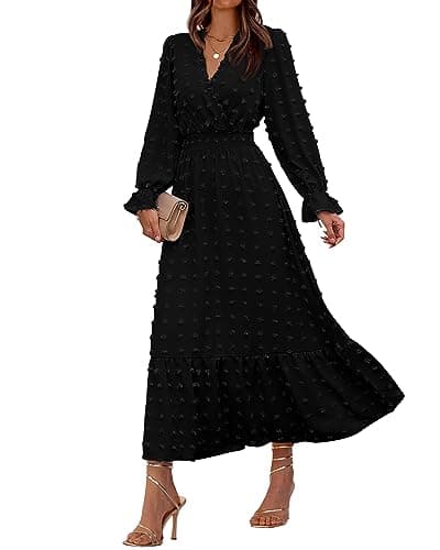 BTFBM Women Fall Maxi Dresses 2025 Long Sleeve V Neck Swiss Dots High Waisted A-Line Ruffle Boho Long Dress Vacation(Black,Medium) - Image 1